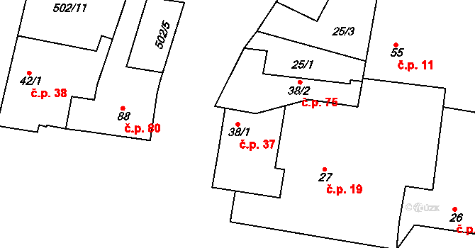 Zeměchy 37, Kralupy nad Vltavou na parcele st. 38/1 v KÚ Zeměchy u Kralup nad Vltavou, Katastrální mapa