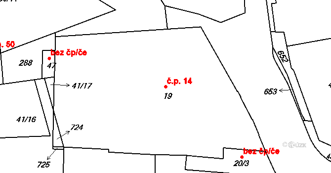 Kozinec 14, Holubice na parcele st. 19 v KÚ Kozinec, Katastrální mapa