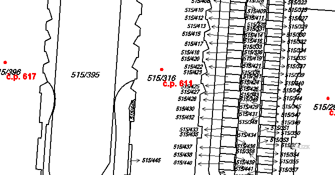 Střížkov 611, Praha na parcele st. 515/316 v KÚ Střížkov, Katastrální mapa