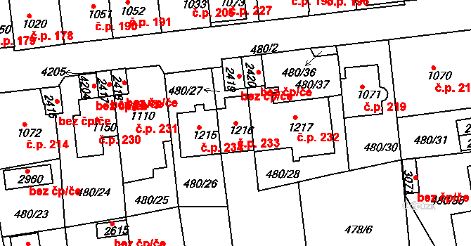 Horní Brána 233, Český Krumlov na parcele st. 1216 v KÚ Český Krumlov, Katastrální mapa