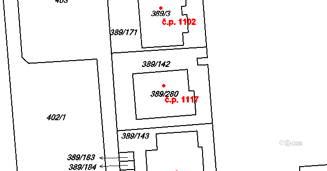 Pohořelice 1117 na parcele st. 389/280 v KÚ Pohořelice nad Jihlavou, Katastrální mapa