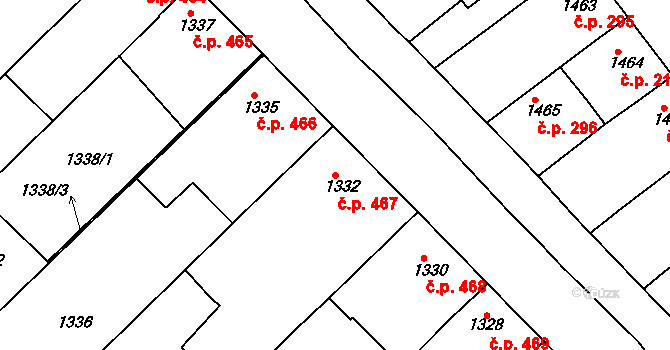 Hrušky 467 na parcele st. 1332 v KÚ Hrušky, Katastrální mapa