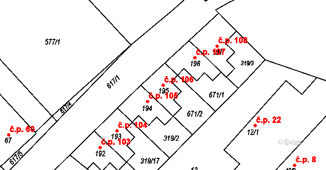 Opočínek 106, Pardubice na parcele st. 195 v KÚ Opočínek, Katastrální mapa