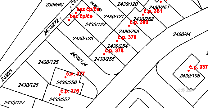 Dačice V 378, Dačice na parcele st. 2430/255 v KÚ Dačice, Katastrální mapa