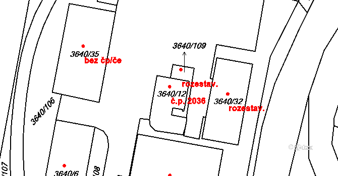 Boskovice 2036 na parcele st. 3640/12 v KÚ Boskovice, Katastrální mapa