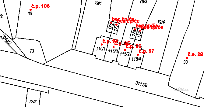 Damnov 94, Bor na parcele st. 115/1 v KÚ Damnov, Katastrální mapa