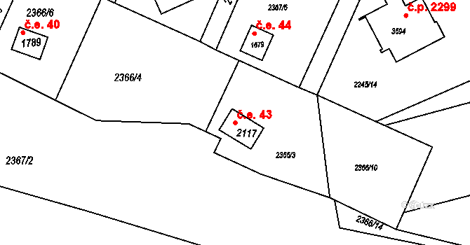 Rožnov pod Radhoštěm 43 na parcele st. 2117 v KÚ Rožnov pod Radhoštěm, Katastrální mapa
