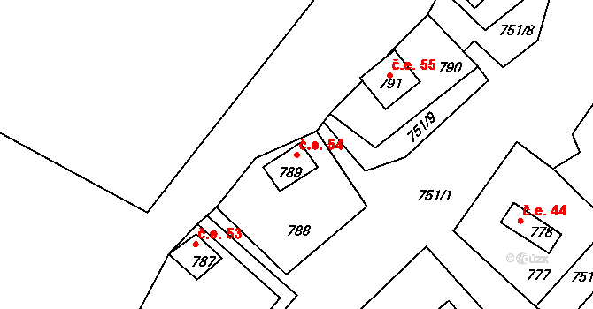 Prunéřov 54, Kadaň na parcele st. 789 v KÚ Prunéřov, Katastrální mapa