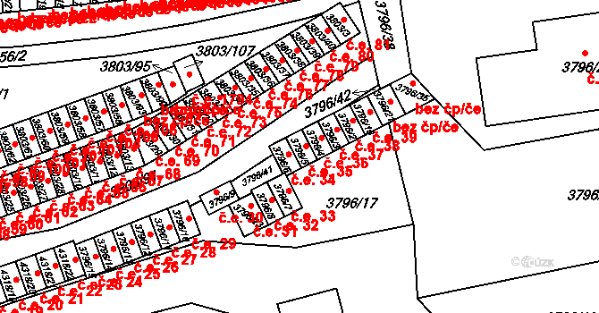 Teplice 35 na parcele st. 3796/5 v KÚ Teplice, Katastrální mapa