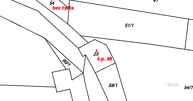 Miletice 46, Dlažov na parcele st. 23 v KÚ Miletice u Dlažova, Katastrální mapa