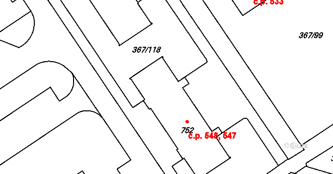 Moravské Předměstí 547,548, Hradec Králové na parcele st. 752 v KÚ Třebeš, Katastrální mapa