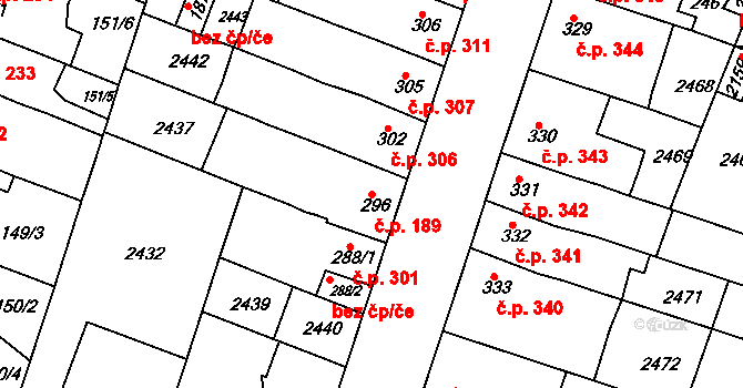 Rosice 189 na parcele st. 296 v KÚ Rosice u Brna, Katastrální mapa