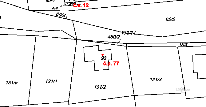 Přehvozdí 77 na parcele st. 93 v KÚ Přehvozdí, Katastrální mapa