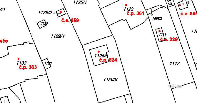 Pisárky 524, Brno na parcele st. 1126/8 v KÚ Pisárky, Katastrální mapa