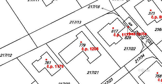Rudná 1208 na parcele st. 779 v KÚ Hořelice, Katastrální mapa