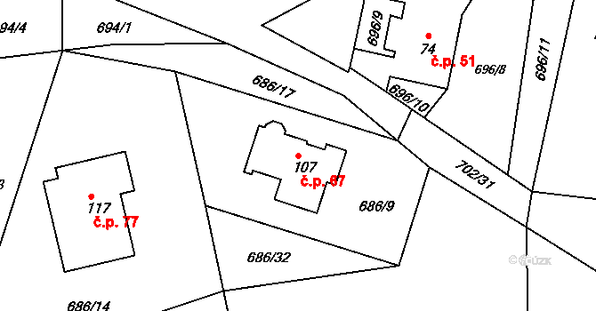 Skrýšov 67, Pelhřimov na parcele st. 107 v KÚ Skrýšov u Pelhřimova, Katastrální mapa