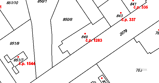 Uhříněves 1283, Praha na parcele st. 849 v KÚ Uhříněves, Katastrální mapa