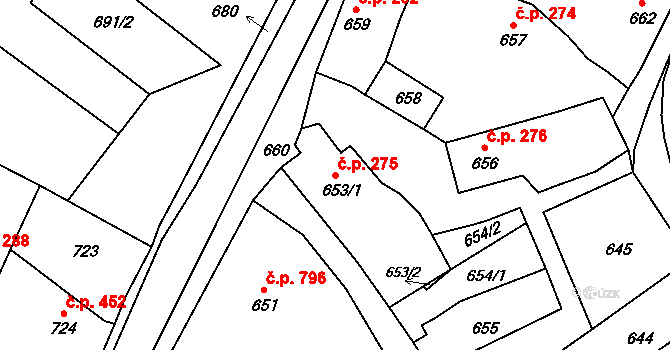Lednice 275 na parcele st. 653/1 v KÚ Lednice na Moravě, Katastrální mapa