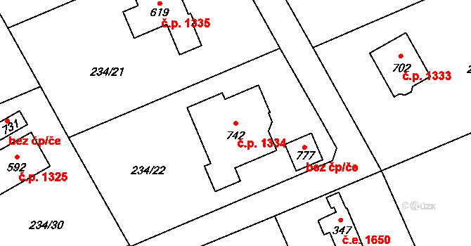 Nová Hospoda 1334, Kamenice na parcele st. 742 v KÚ Štiřín, Katastrální mapa