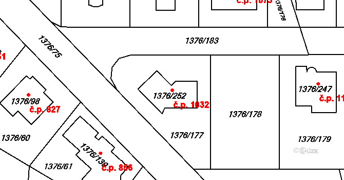 Řeporyje 1032, Praha 12 na parcele st. 1376/252 v KÚ Řeporyje, Katastrální mapa