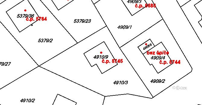 Chomutov 5745 na parcele st. 4910/9 v KÚ Chomutov I, Katastrální mapa