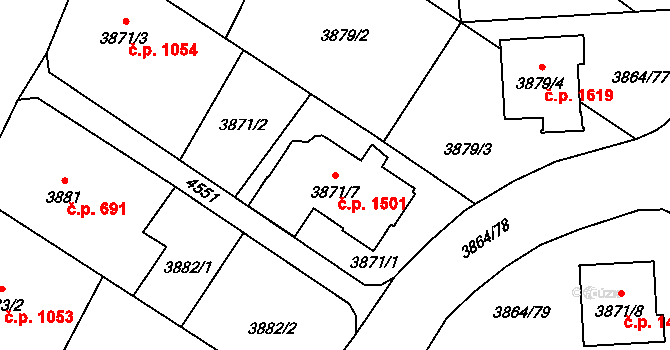 Hlučín 1501 na parcele st. 3871/7 v KÚ Hlučín, Katastrální mapa