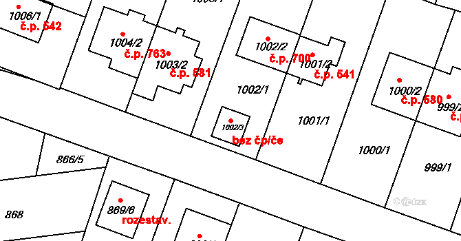 Brno 48610674 na parcele st. 1002/3 v KÚ Žebětín, Katastrální mapa