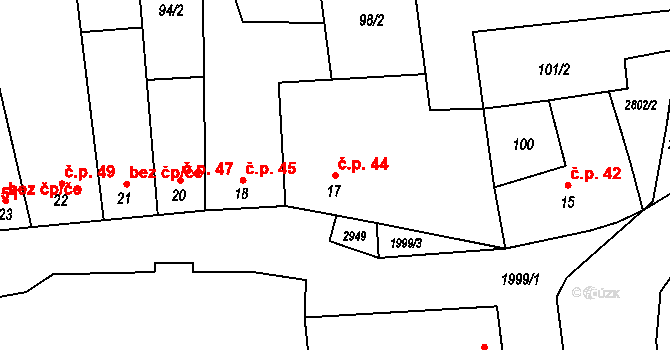 Mouchnice 44 na parcele st. 17 v KÚ Mouchnice, Katastrální mapa