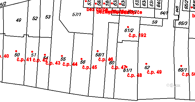 Jaroměř 46 na parcele st. 58/1 v KÚ Jaroměř, Katastrální mapa