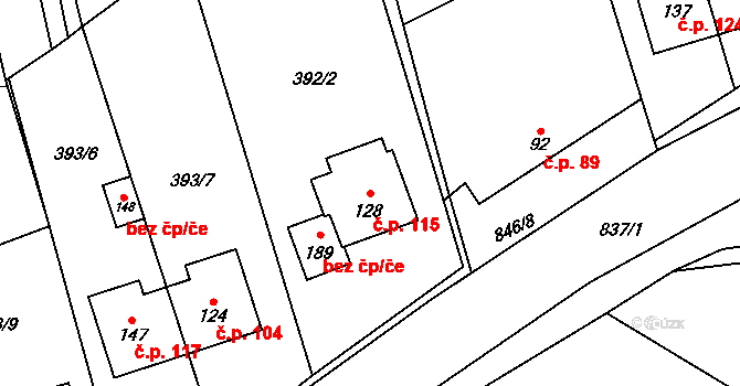 Vranová 115 na parcele st. 128 v KÚ Vranová u Letovic, Katastrální mapa