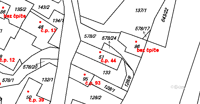 Hněvkov 44, Zábřeh na parcele st. 51 v KÚ Hněvkov, Katastrální mapa
