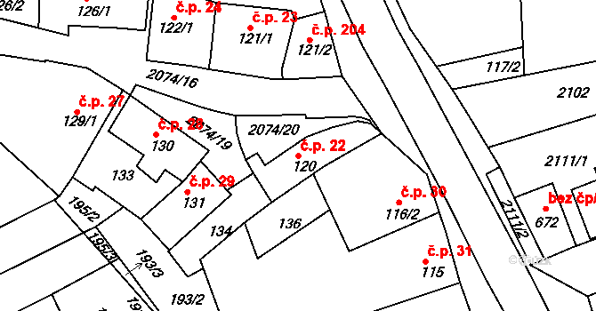 Merklín 22 na parcele st. 120 v KÚ Merklín u Přeštic, Katastrální mapa