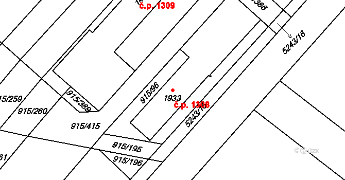 Velké Bílovice 1308 na parcele st. 1933 v KÚ Velké Bílovice, Katastrální mapa