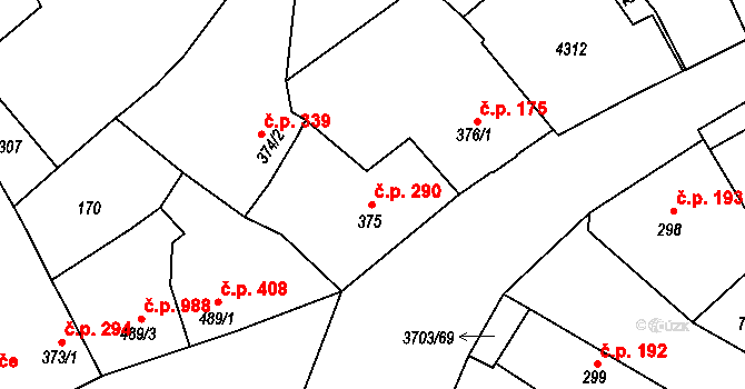 Dobřany 290 na parcele st. 375 v KÚ Dobřany, Katastrální mapa