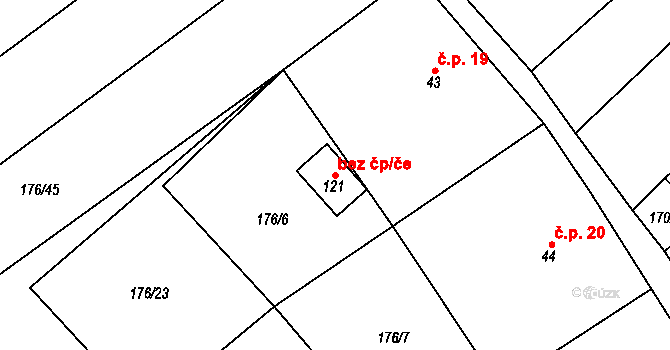 Rušinov 107464675 na parcele st. 121 v KÚ Rušinov, Katastrální mapa