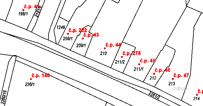 Lišov 44 na parcele st. 210 v KÚ Lišov, Katastrální mapa