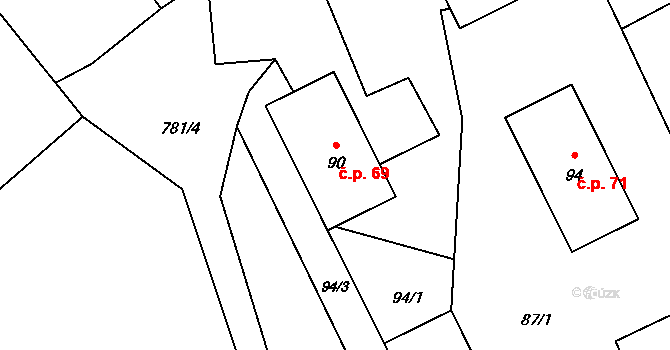 Tuhaň 69 na parcele st. 90 v KÚ Tuhaň u Dubé, Katastrální mapa