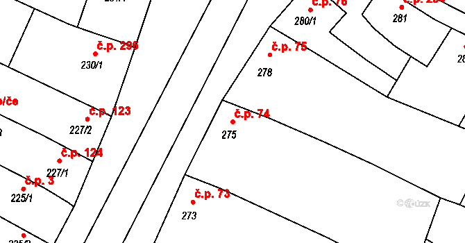 Hrušovany u Brna 74 na parcele st. 275 v KÚ Hrušovany u Brna, Katastrální mapa