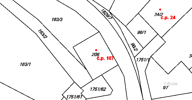 Karle 107 na parcele st. 206 v KÚ Karle, Katastrální mapa