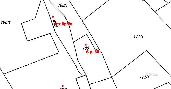 Břevenec 36, Šumvald na parcele st. 183 v KÚ Břevenec, Katastrální mapa