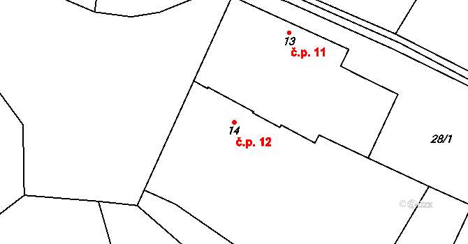Chomutičky 12, Chomutice na parcele st. 14 v KÚ Chomutičky, Katastrální mapa
