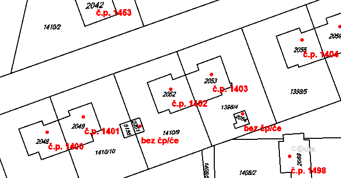 Rožnov pod Radhoštěm 1402 na parcele st. 2052 v KÚ Rožnov pod Radhoštěm, Katastrální mapa