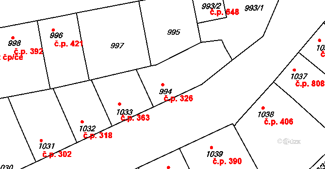 Charvátská Nová Ves 326, Břeclav na parcele st. 994/1 v KÚ Charvátská Nová Ves, Katastrální mapa