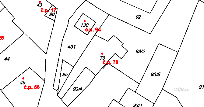 Třesovice 70 na parcele st. 70 v KÚ Třesovice, Katastrální mapa