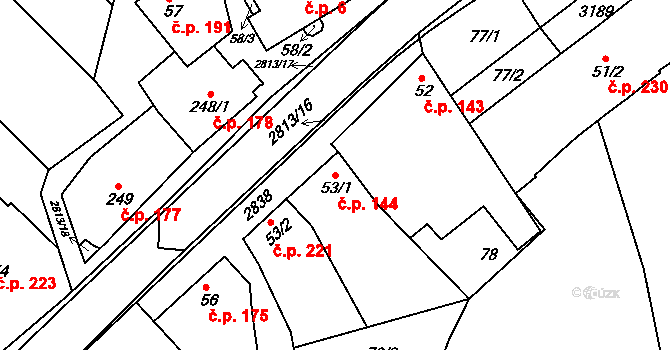 Roštín 144 na parcele st. 53/1 v KÚ Roštín, Katastrální mapa