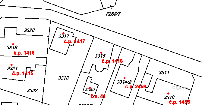Horní Počernice 1418, Praha na parcele st. 3315 v KÚ Horní Počernice, Katastrální mapa