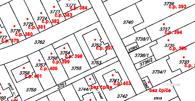 Záběhlice 397, Praha na parcele st. 3752 v KÚ Záběhlice, Katastrální mapa