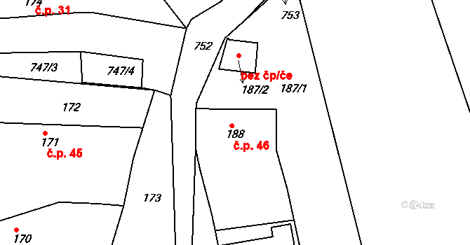 Chlum 46, Nalžovice na parcele st. 188 v KÚ Nalžovice, Katastrální mapa