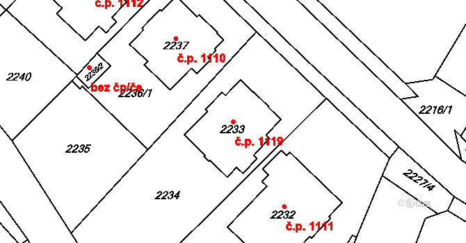 Chomutov 1119 na parcele st. 2233 v KÚ Chomutov I, Katastrální mapa