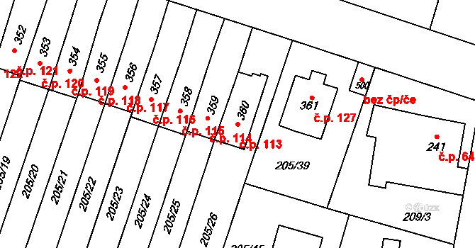 Roudnička 113, Hradec Králové na parcele st. 360 v KÚ Roudnička, Katastrální mapa